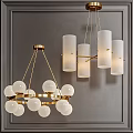 Modern Gold White Chandeliers With Spherical And Cylindrical Shades On Horizontal Bar Against Gray Wall