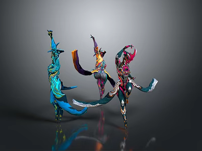 Vibrant Fantasy Characters In Ornate Costumes With Dynamic Poses And Flowing Garments 3d model