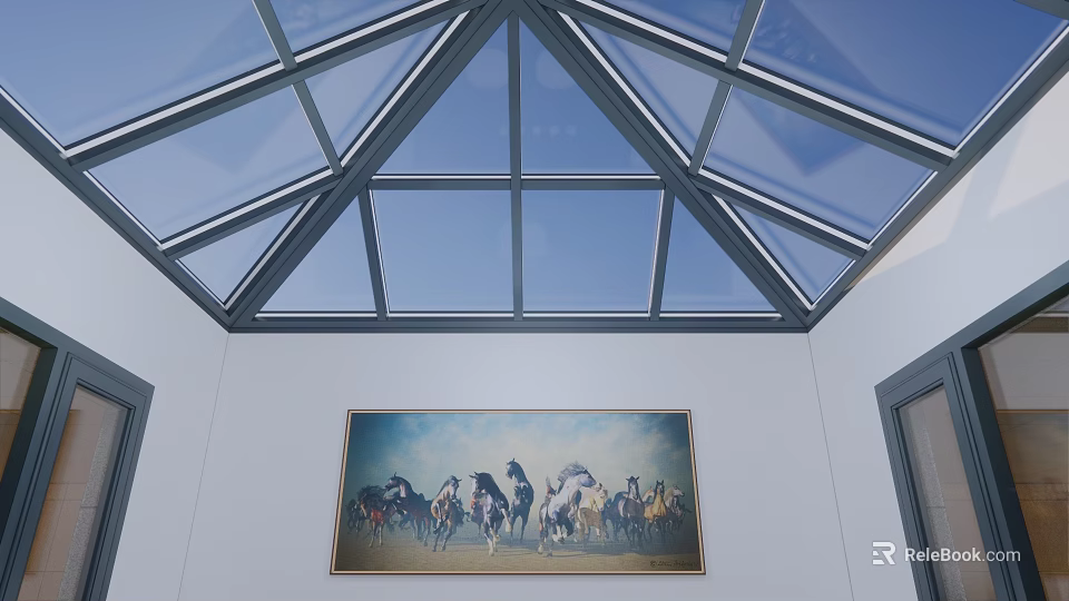 Elegant Villa Balcony With Glass Skylight And Horse Painting On Wall 3d model 
