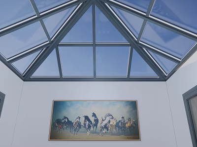 Elegant Villa Balcony With Glass Skylight And Horse Painting On Wall 3d model