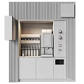 Commercial Coffee Bar Equipment with Wooden Design Black Cabinets Coffee Machine and Cup Storage