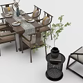 Elegant Dining Table Set With Wooden Chairs Table Settings Vase Accent Table And Greenery 3d model