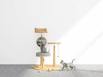 Modern Wooden Cat Tree with Round Window Padded Seat Hanging Toy for Kitten Play 3d model