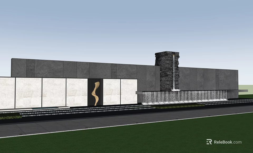 Modern Feature Wall Design With Stone Panels Waterfall And Metal Accents 3d model 