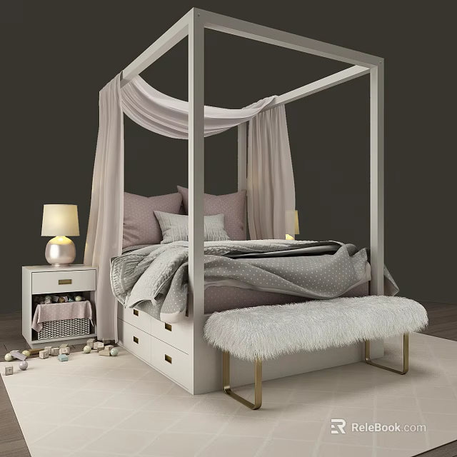 White Four Poster Double Bed With Canopy Pink Gray Pillows And Fuzzy Gold Leg Bench 3d model 