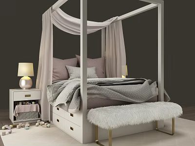 White Four Poster Double Bed With Canopy Pink Gray Pillows And Fuzzy Gold Leg Bench 3d model