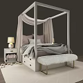 White Four Poster Double Bed With Canopy Pink Gray Pillows And Fuzzy Gold Leg Bench