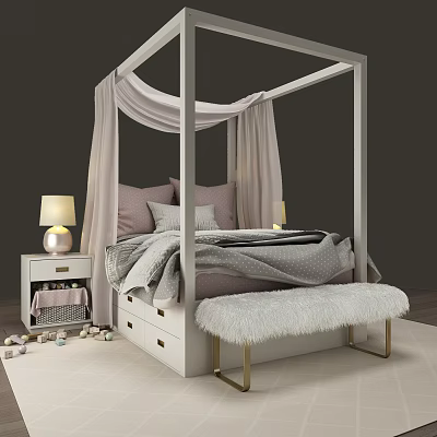 White Four Poster Double Bed With Canopy Pink Gray Pillows And Fuzzy Gold Leg Bench 3d model