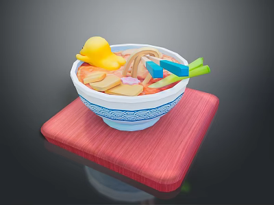 Ceramic White Bowl With Blue Patterns On Red Wooden Mat For Daily Household Use 3d model