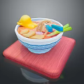 Ceramic White Bowl With Blue Patterns On Red Wooden Mat For Daily Household Use