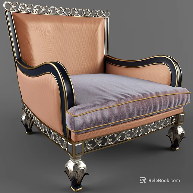 Elegant Leisure Chair With Pink Upholstery Gray Velvet Seat And Metal Carved Legs 3d model 