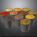Various Colored Grains Arranged in Gray Woven Baskets on Black Background