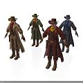 Men in Western Style Outfits with Cowboy Hats and Long Coats in Different Colors