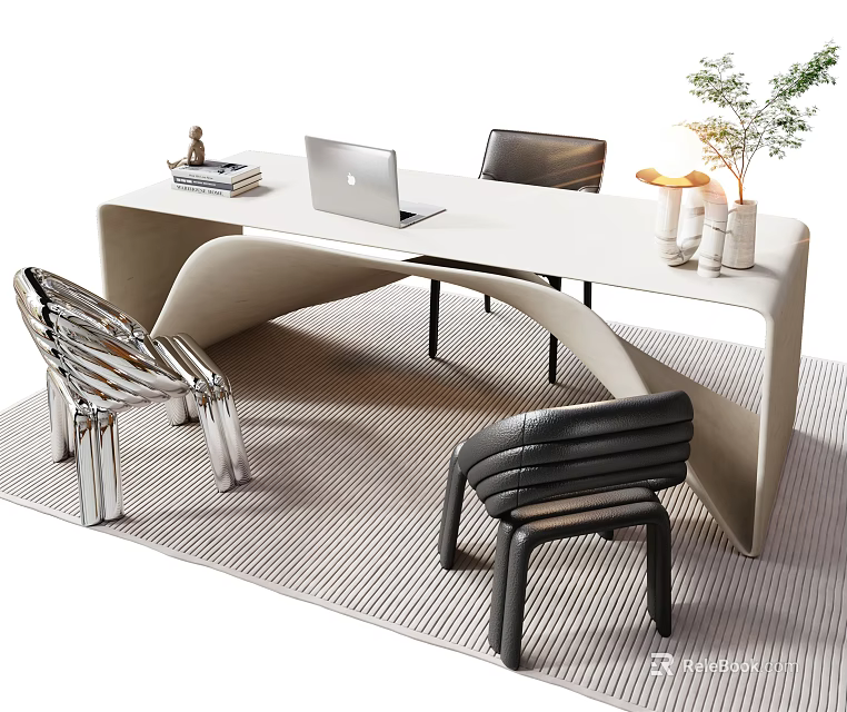 Modern Curved Desk with Laptop Books Vase and Stylish Chairs 3d model 