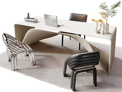 Modern Curved Desk with Laptop Books Vase and Stylish Chairs 3d model