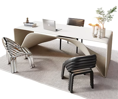 Modern Curved Desk with Laptop Books Vase and Stylish Chairs 3d model