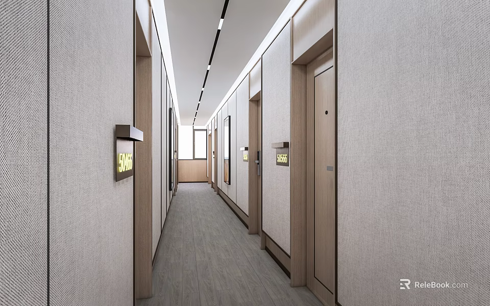 Modern Office Corridor with Light Colored Walls Wooden Doors and Linear Ceiling Lights 3d model 