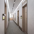 Modern Office Corridor with Light Colored Walls Wooden Doors and Linear Ceiling Lights