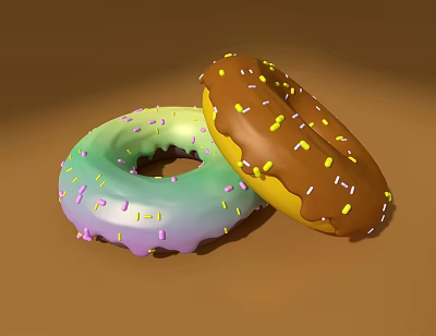 Two Colorful Donuts With Gradient And Chocolate Frosting And Sprinkles On Brown Background 3d model