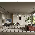 Elegant Living Room Interior Design With Chandelier Red Sofa Black White Rug And Green Plant