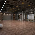 Spacious Modern Fitness Studio With Wooden Flooring White Exercise Balls And Ceiling Lights