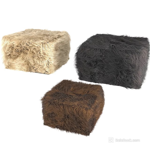 Three Furry Square Poufs in Beige Black Brown for Living Room Decor 3d model 