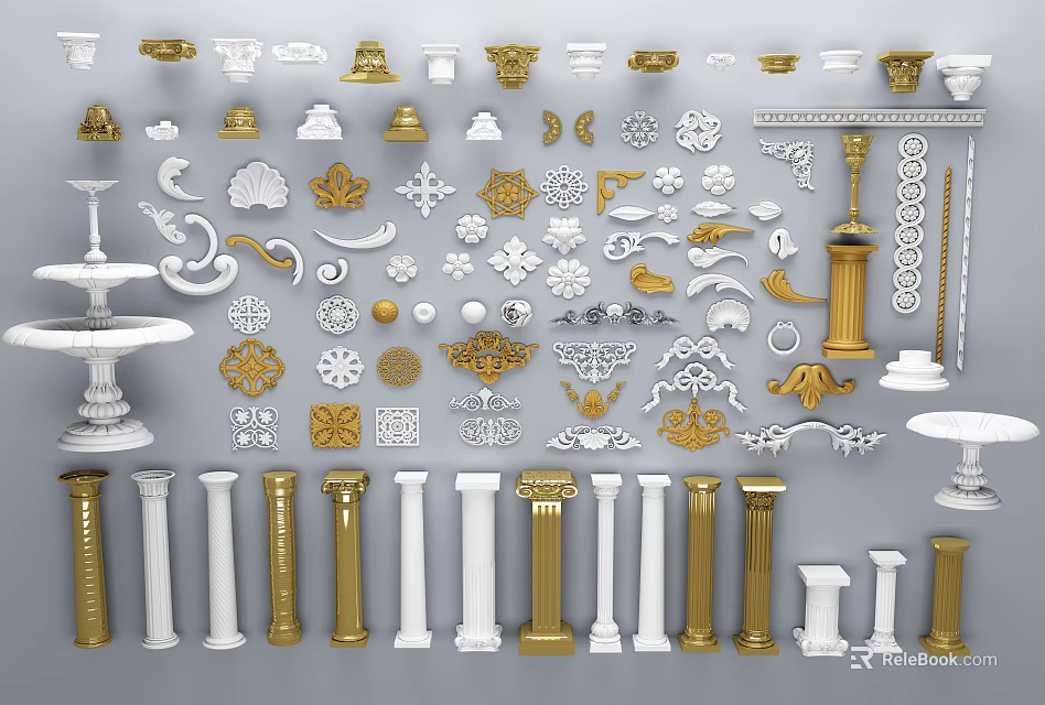 Roman Columns Design Collection With White Gold Tones And Ornate Decorative Elements 3d model