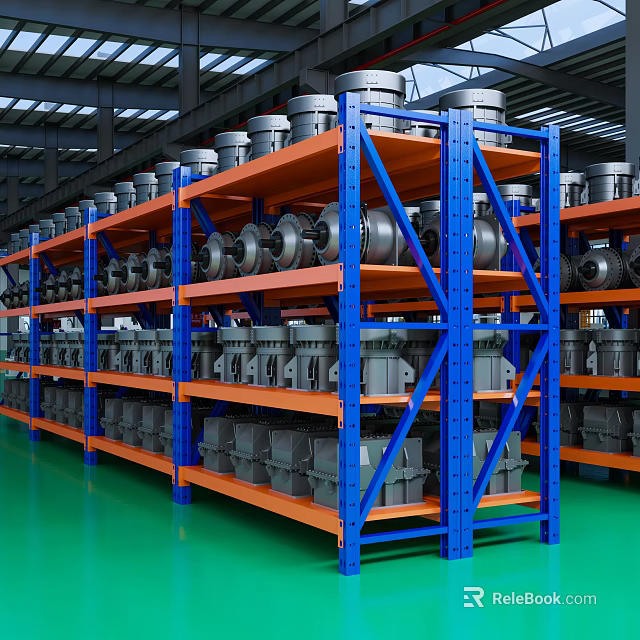 Sturdy Industrial Storage Racks with Blue Orange Frames Neatly Holding Motors Gears Parts in Warehouse 3d model 