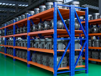 Sturdy Industrial Storage Racks with Blue Orange Frames Neatly Holding Motors Gears Parts in Warehouse 3d model