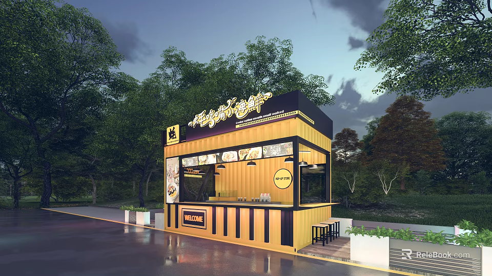 Wooden Mall Shop Outdoor Beverage Signboard With Natural Surroundings And Seating 3d model 