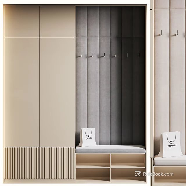 Modern Light Beige Shoe Cabinet With Gray Panel Wall Hooks And Storage Bench 3d model