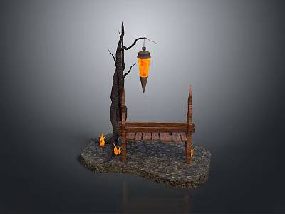 Wooden Bench With Tree Branch Structure And Hanging Lantern On Stone Ground With Flames 3d model