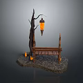 Wooden Bench With Tree Branch Structure And Hanging Lantern On Stone Ground With Flames
