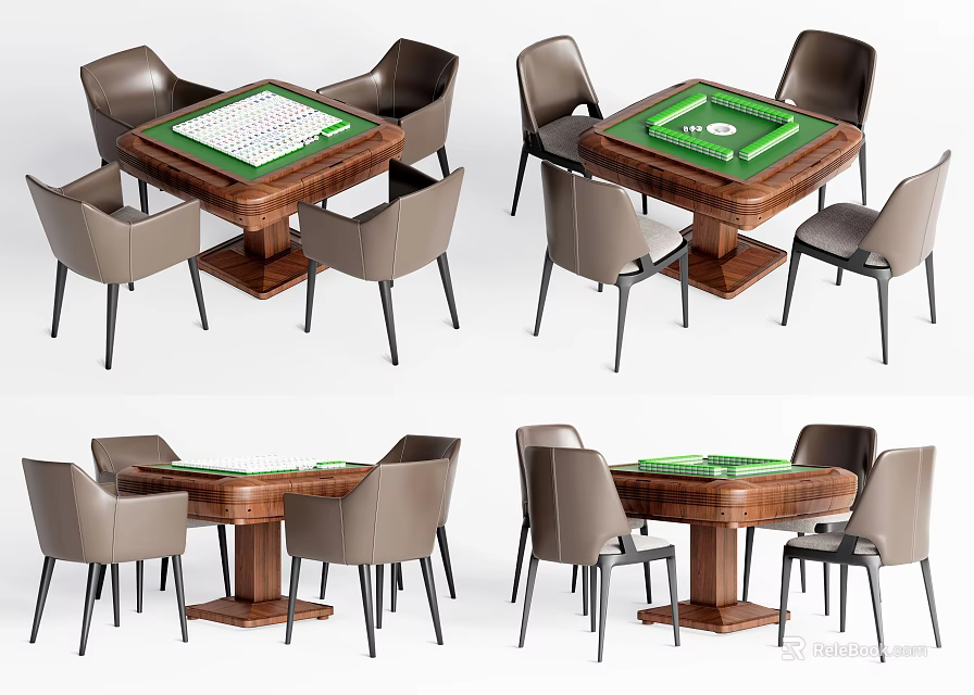 Multiple Views Of Wooden Entertainment Table With Green Game Surface And Brown Chairs 3d model 