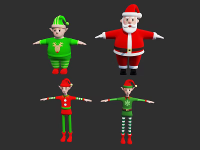Christmas Santa And Elves In Green Red Festive Outfits With Striped Design Reindeer Pattern 3d model