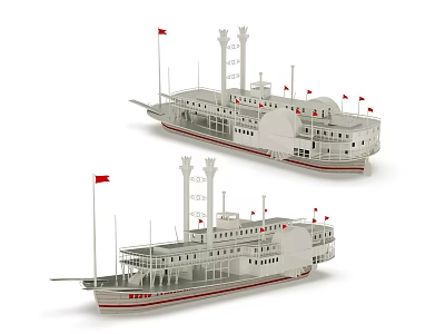 Vintage Steamship Model Featuring Multiple Decks Red Flags Smokestacks And White Hull 3d model
