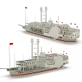 Vintage Steamship Model Featuring Multiple Decks Red Flags Smokestacks And White Hull