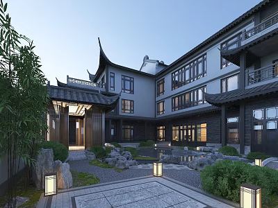 Traditional Chinese Garden Landscape Featuring Courtyard Rock Formations Greenery Stone Pathways and Lanterns 3d model