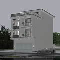 Modern Three Story Single Family House With Garage Greenery Water Feature And Car Front