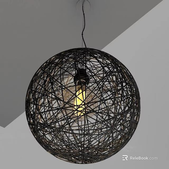 Contemporary Spherical Black Wire Woven Pendant Light With Illuminated Inner Bulb 3d model 