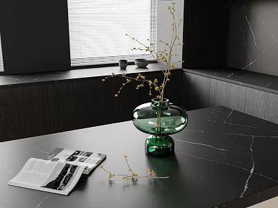 Green Glass Vase With Flower Branches On Black Marble Tabletop Near Magazine And Window 3d model