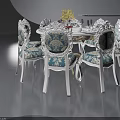 Elegant Round White Dining Table With Six Floral Patterned Chairs And Table Setting 3d model