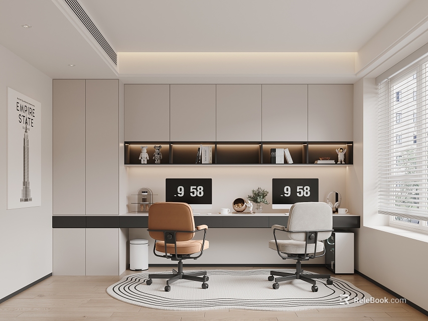 Modern Study Room Interior With Wooden Desk Two Chairs Bookshelves Round Rug And Wall Art 3d model 