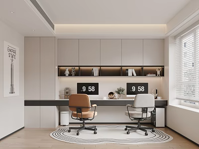 Modern Study Room Interior With Wooden Desk Two Chairs Bookshelves Round Rug And Wall Art 3d model