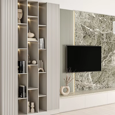 Elegant Modern TV Background Wall Design With Marble Texture And Floating Shelves 3d model