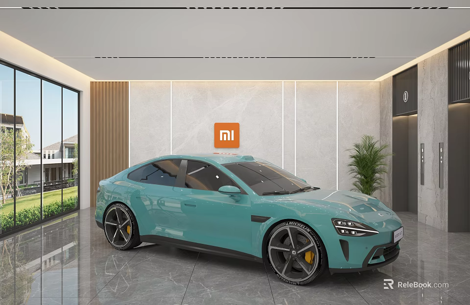 MI Showroom Featuring Light Blue Sports Car Large Windows And Green Plant 3d model 