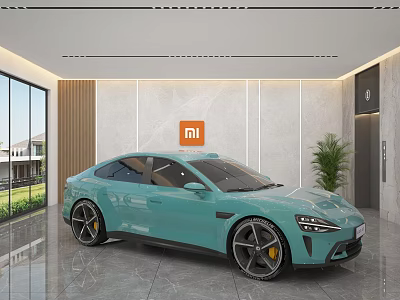 MI Showroom Featuring Light Blue Sports Car Large Windows And Green Plant 3d model