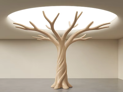 Tree Shaped Decorative Column With Twisted Trunk Multiple Branches Minimalist Interior Illuminated By Circular Light 3d model