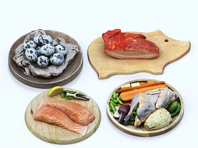 Fresh Food Selection Including Quail Eggs Roasted Meat Salmon Chicken And Vegetables On Wooden Platters 3d model