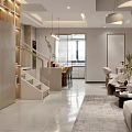Modern Living And Dining Room Interior With Sofa Dining Table Pendant Lights And Rug